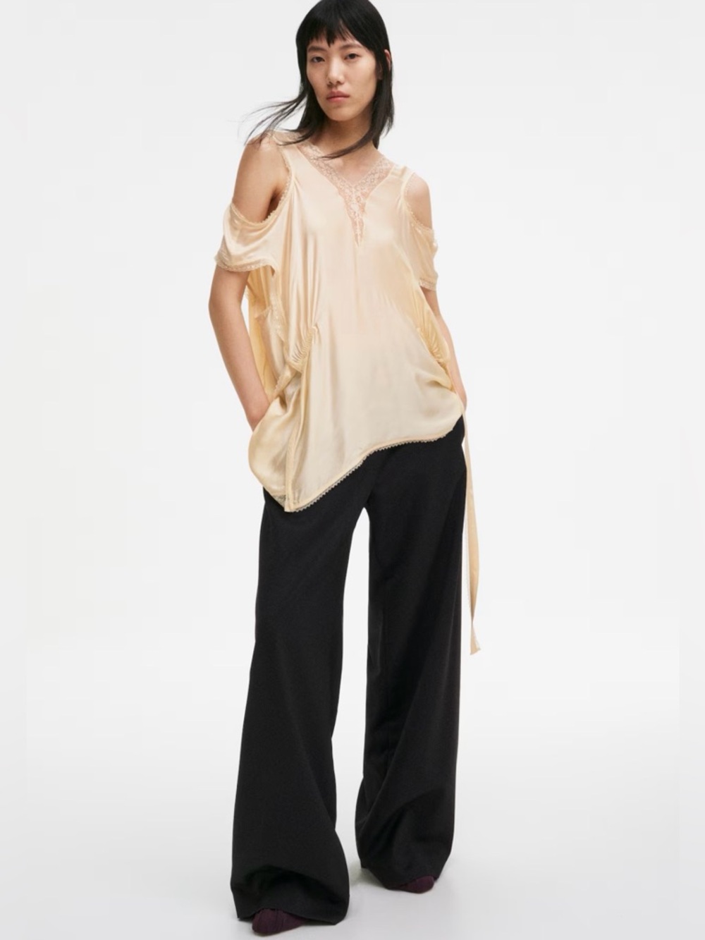 H&M Studio Lace-Trimmed Satin Top (Light Beige) XS